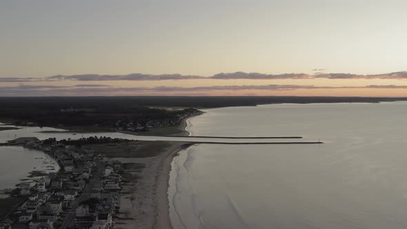 Wells Beach Maine Aerial establishing shot during Sunrise alt