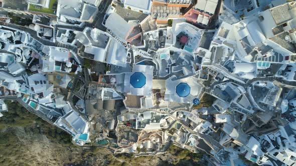 Aerial View Flying Over City of Oia on Santorini Greece alt