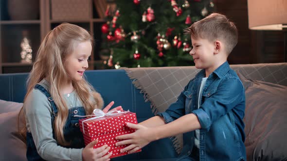 Cute Little Boy Giving Red Wrapped Gift Box to Happy Girl Congrats Winter Holiday Xmas Eve at Home alt