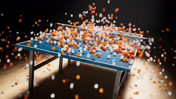 Animation of a huge amount of ping pong balls falling down on a table and floor. alt