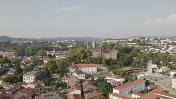 Medieval Palace of the Dukes of Braganza in Guimaraes; long drone shot