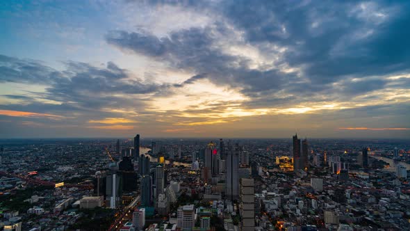 day to night time lapse of Bangkok city with Chao Phraya River, Thailand alt