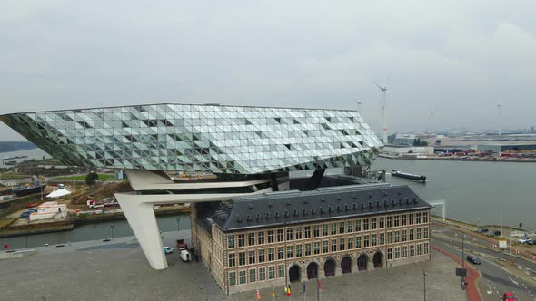 Slow rotation around Antwerp Port House in Belgium alt