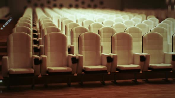 Empty cinema interior zoom-in animation from the stage perspective. HD alt