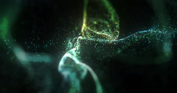 Slow motion of abstract green particles on black background.