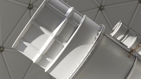 Modern telescope inside a sci-fi observatory dome during sunny day. 4KHD alt