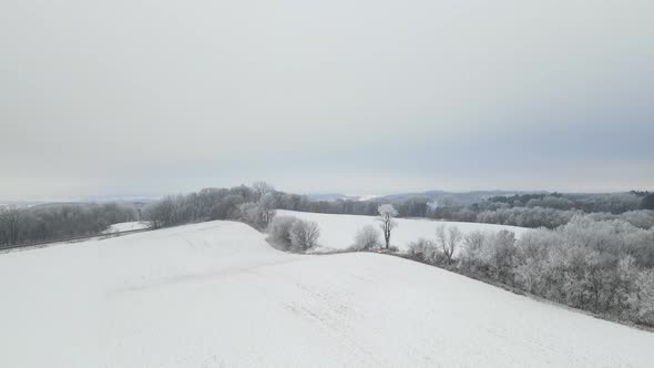 Landscape of hills covered in forests and snow under a cloudy sky shot in 4K