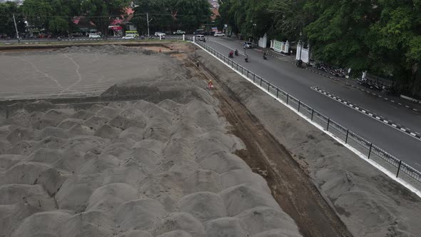 Aerial view of the Yogyakarta Palace (Keraton) field which is being replaced by white sand to mainta alt