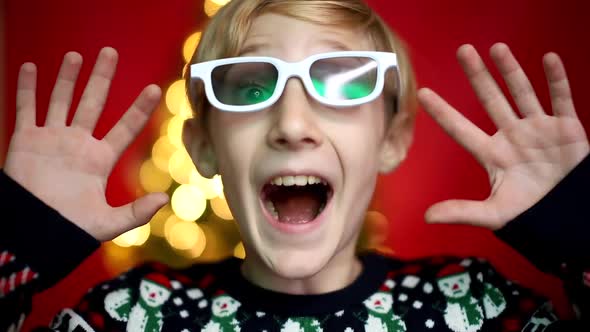 New Year's background raises his hands up and is merrily surprised alt