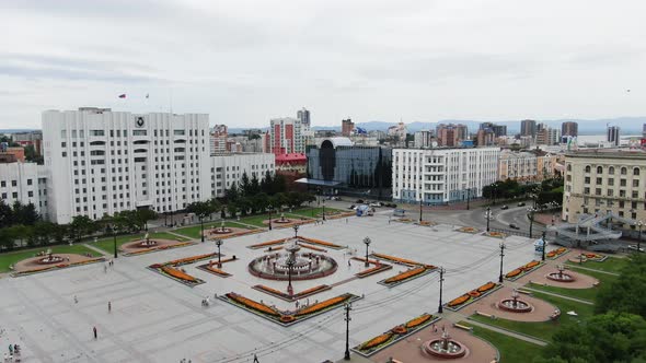 Top Aerial View Over the Fountain on the Square Russia Khabarovsk Lenin Square alt