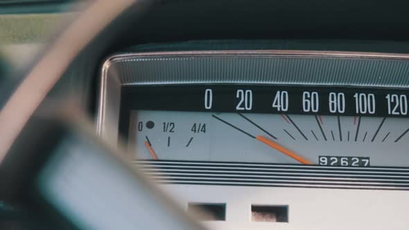 Car Retro Dashboard. Vintage Retro Speedometer and Instrument Panel of Old Car alt