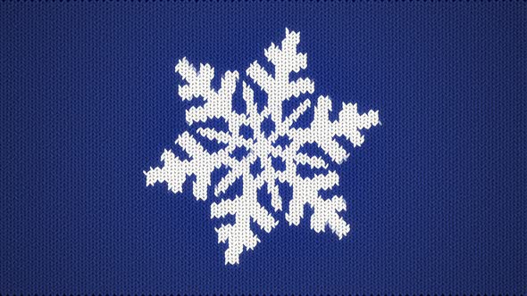 Animation of a white knitted snowflake on a blue background.