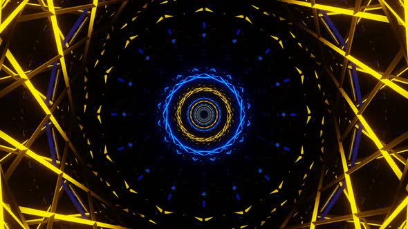 Abstract Rotating Blue and Yellow Round Futuristic Tunnel with Reflections on Black Space End