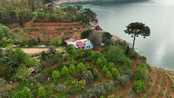 Farming on the banks of the river aerial view Alanya Turkey 4 K alt