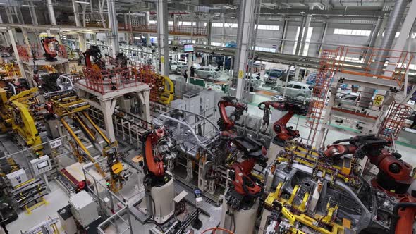 Robots in Car Manufacturing Conveyor Belt Top View