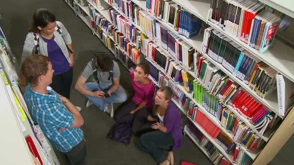 Student talking between bookshelves in library alt