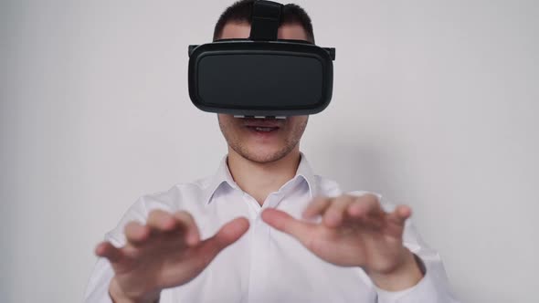 Professional Businessman Is Watching and Testing New Black Realistic 360 Vr Technology.