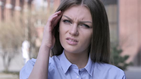 Headache, Portrait of Tense Woman in Office alt