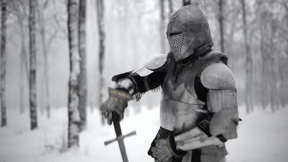Portrait of Brave Warrior Wearing Steel Armor and Helmet Preparing for Swordfight on Battlefield in alt