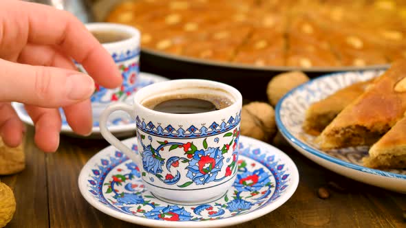 Baklava and Turkish Coffee on the Table alt