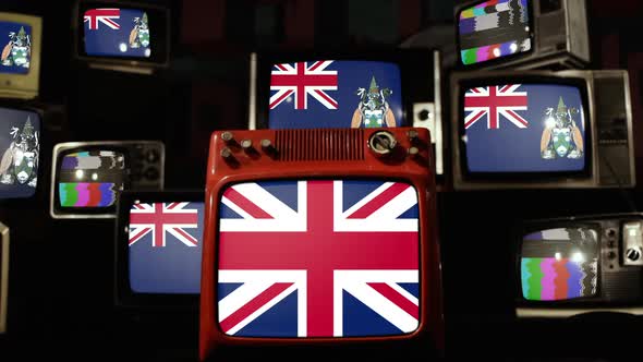 Flags of Ascension Island and UK Flag on Retro TVs. alt