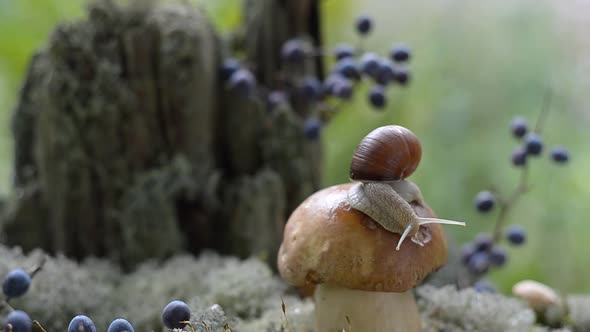 A Large Snail Crawls on a White Mushroom in the Forest