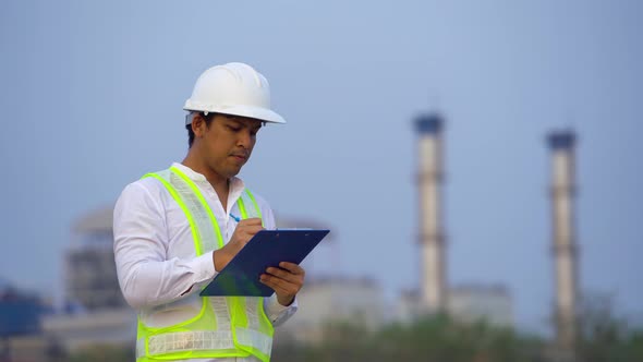 Young engineer working outside near factory.