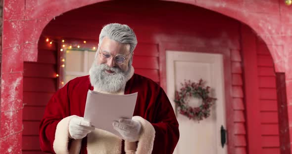 Portrait of Santa Claus Amazedly and Laughingly Reading Letters in a Beautiful New Year's Decorated