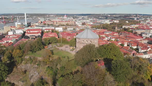 Flying Over Skansen Kronan Towards City Center Aerial Scene Gothenburg Sweden