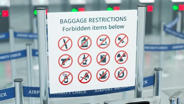 Animation focusing on "Baggage Restrictions" sign. Heading camera. Vector. 4k HD alt