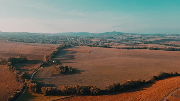 Landscape of a field and a village of western Ukraine. Aerial view.