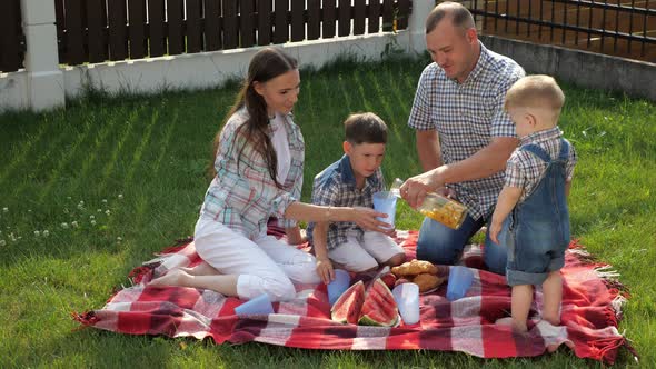 Happy Family Sits on Blanket and Father Pours Orange Juice alt