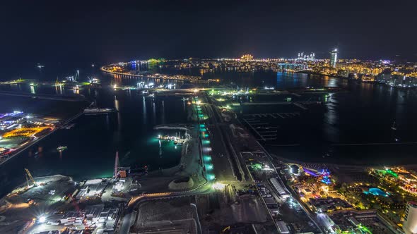 Aerial View of Palm Jumeirah Island Night Timelapse alt