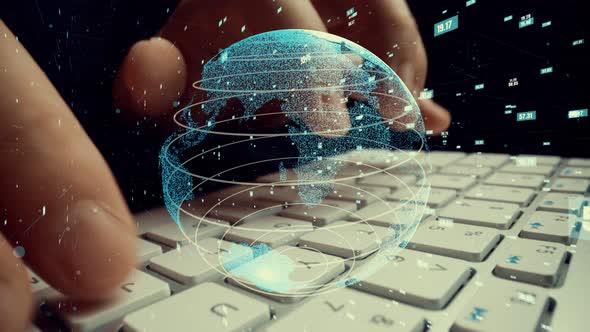 Man Working on Computer with Graphic of Mathematics Coding Modernization alt