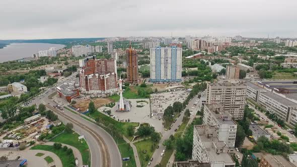 Aerial View of Samara City Over Monument Launch Vehicle Soyuz and Museum Samara Space in Summer Day