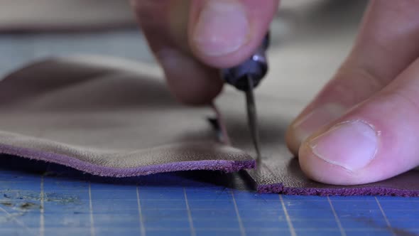 Leather Craftsman Creates Product with His Hands Leather Making Process in Home Office