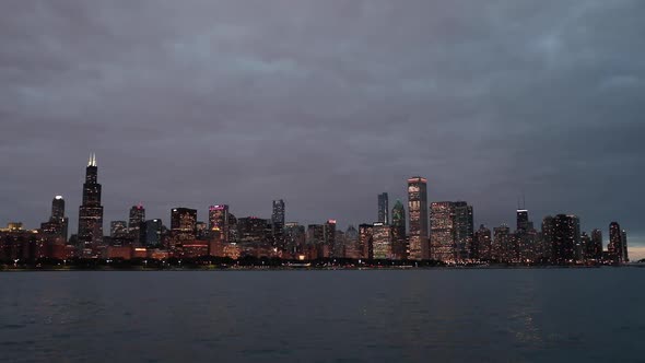 Chicago skyline and Lake Michigan at dusk