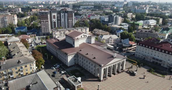 Ukraine City Rivne. Aerial Shot.  Large Drama Theater In The City Center