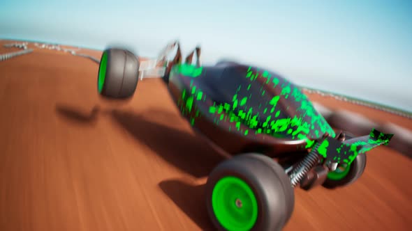 RC Car race on the sandy track. Loopable animation of a miniature model of buggy alt