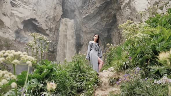 Sexy Brunette Girl with Long Hair Caucasian in a Gray Dress alt
