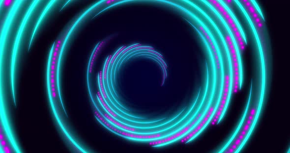 Blue and purple neon light curved lines forming a spiral tunnel alt