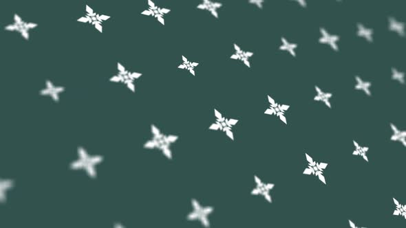 Dynamic background of white snowflakes that change their size in chaotic manner on tidewater green alt