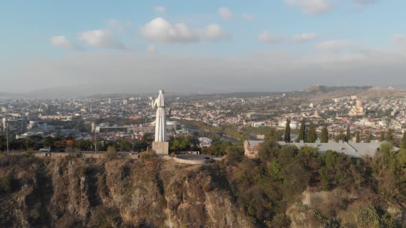 Aerial view from drone to Monument Mother of Georgia (Kartlis Deda) alt