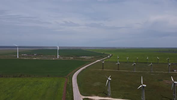 Plenty of Wind Farms Standing in Green Fields Amid Clear Skies