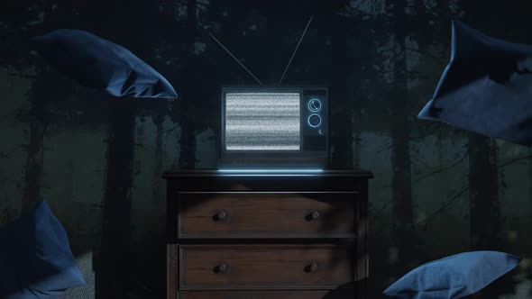 Haunted Room With An Old Television And Flying Pillows