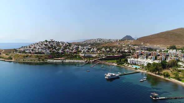Fly over hotels in Bodrum, view from the Agaean Sea. Turkey