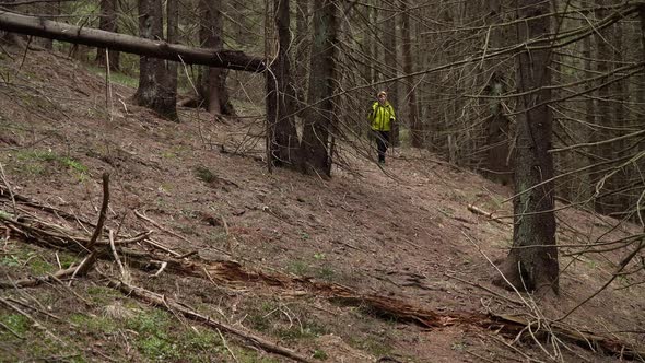 A Woman with a Backpack Travels in the Forest alt