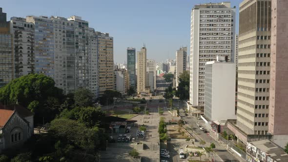 Rosevelt Square Aerial view on a sunny day, empty during Covid Quarantine, Sao Paulo, Brazil alt