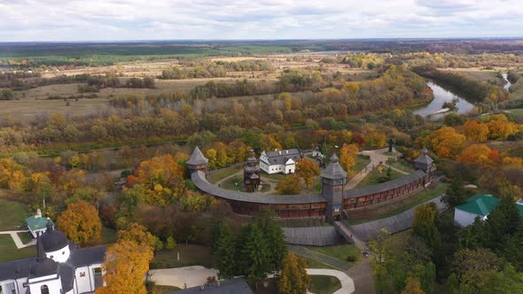 Aerial Panoramic View of Ukraine Wooden Fortress in Baturyn