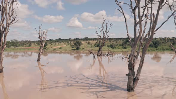 Waterhole lake in Laikipia, Kenya. Low flying aerial drone view of Kenyan landscape alt